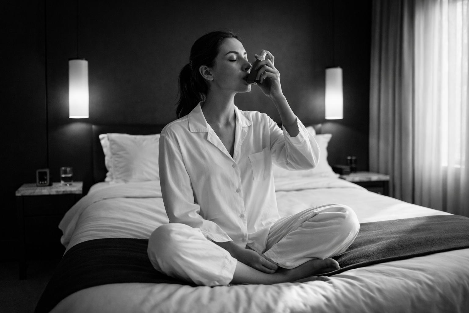 Person in hotel using inhaler