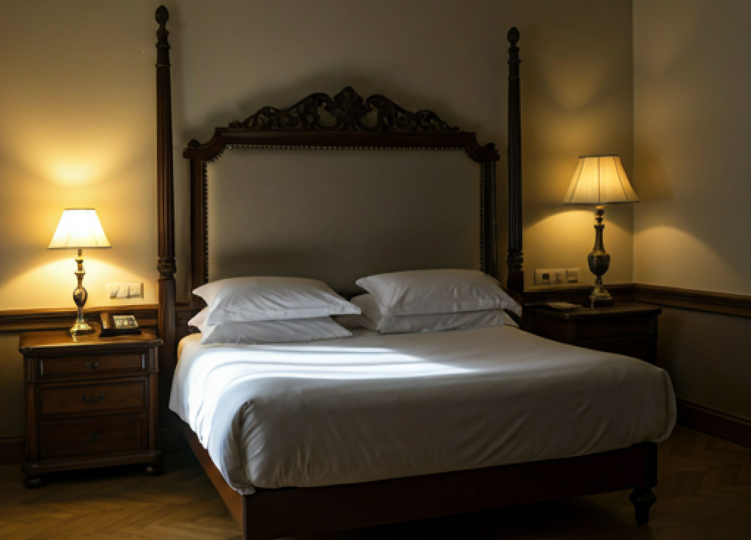 Pristine luxury hotel bed with soft morning light