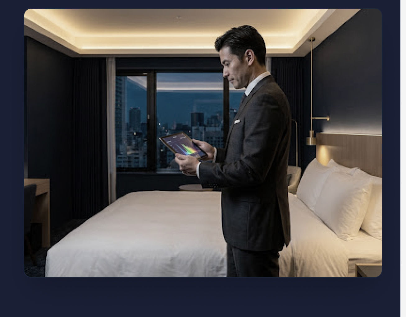 Undercover sleep scientist evaluating a luxury hotel room