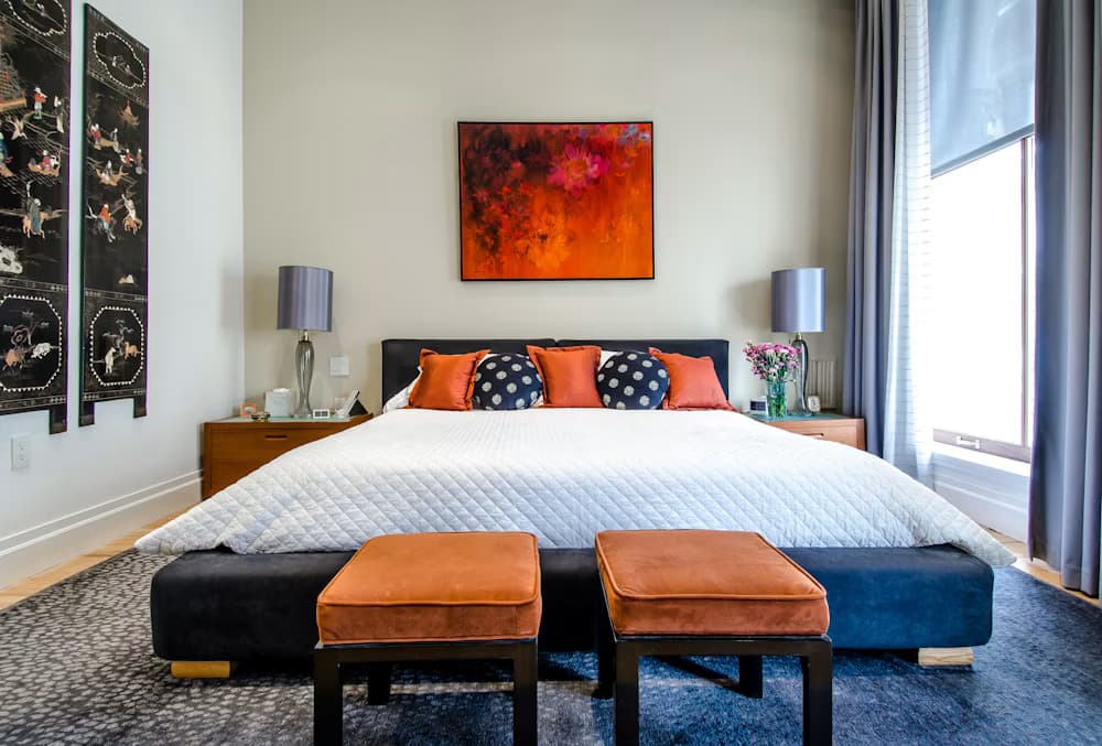 Restorative luxury hotel bedroom atmosphere