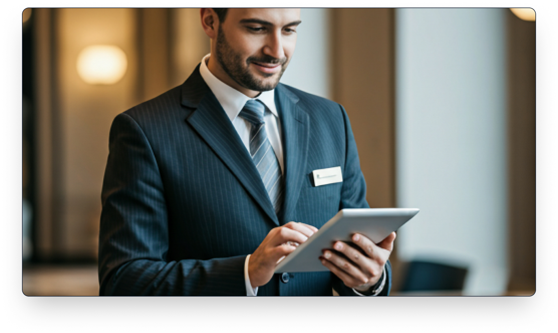 Professional hotel manager working on a digital tablet in a modern hotel lobby